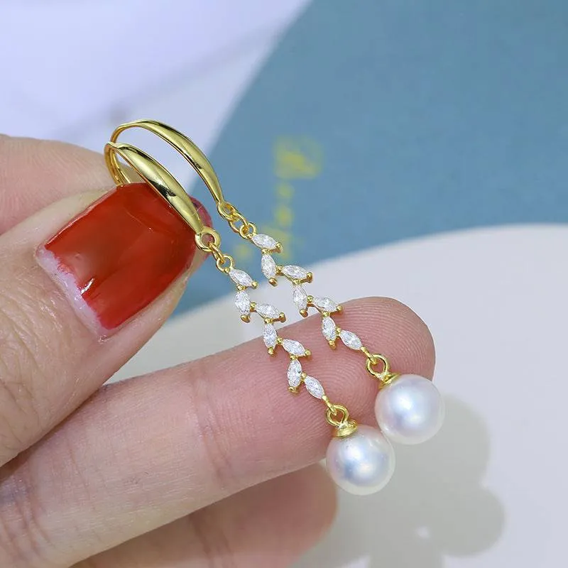 8-9mm Freshwater Pearl & Long Leaf Cubic Zirconia Earrings