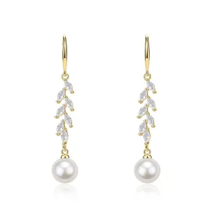 8-9mm Freshwater Pearl & Long Leaf Cubic Zirconia Earrings