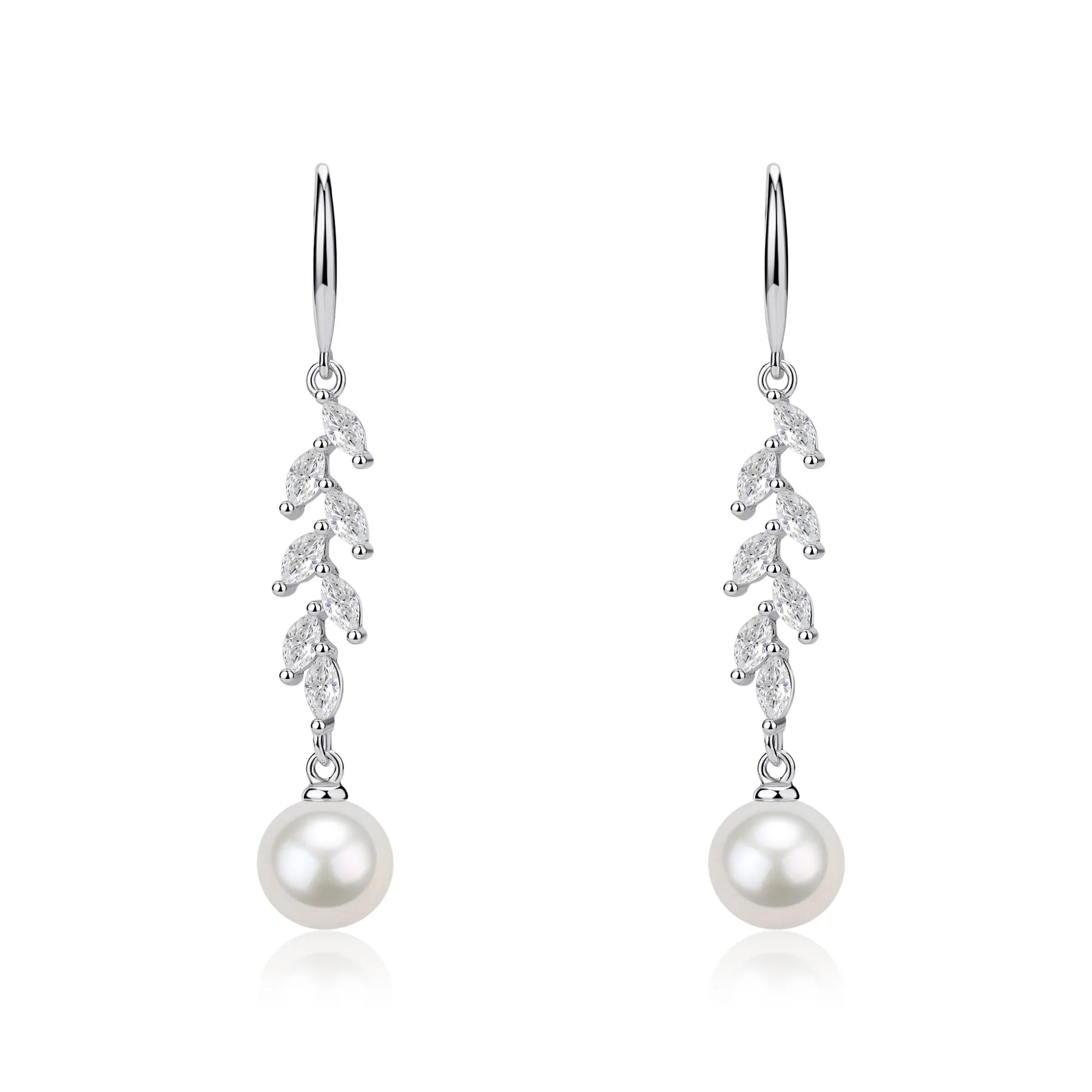 8-9mm Freshwater Pearl & Long Leaf Cubic Zirconia Earrings
