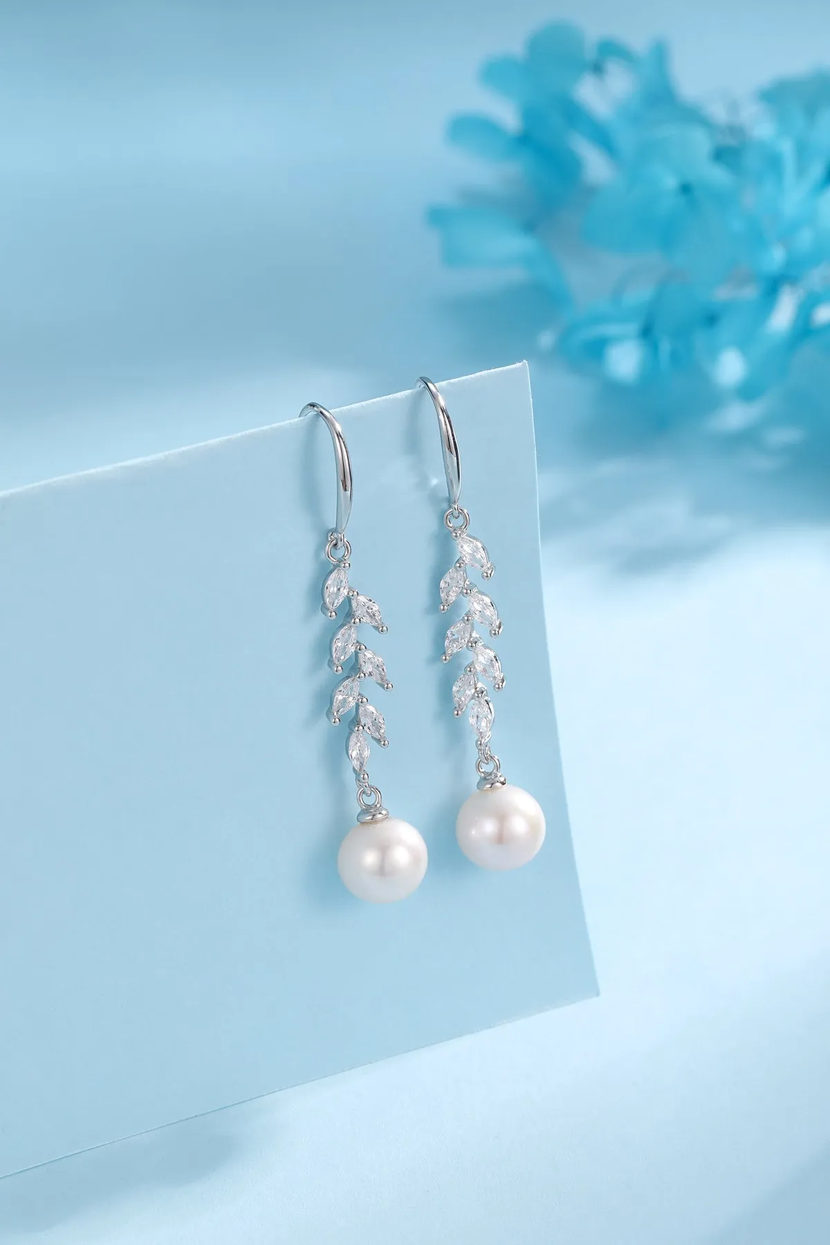 8-9mm Freshwater Pearl & Long Leaf Cubic Zirconia Earrings