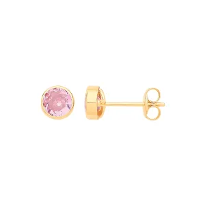 9ct Yellow Gold 5mm Rubover Set Pink CZ Stud Earrings