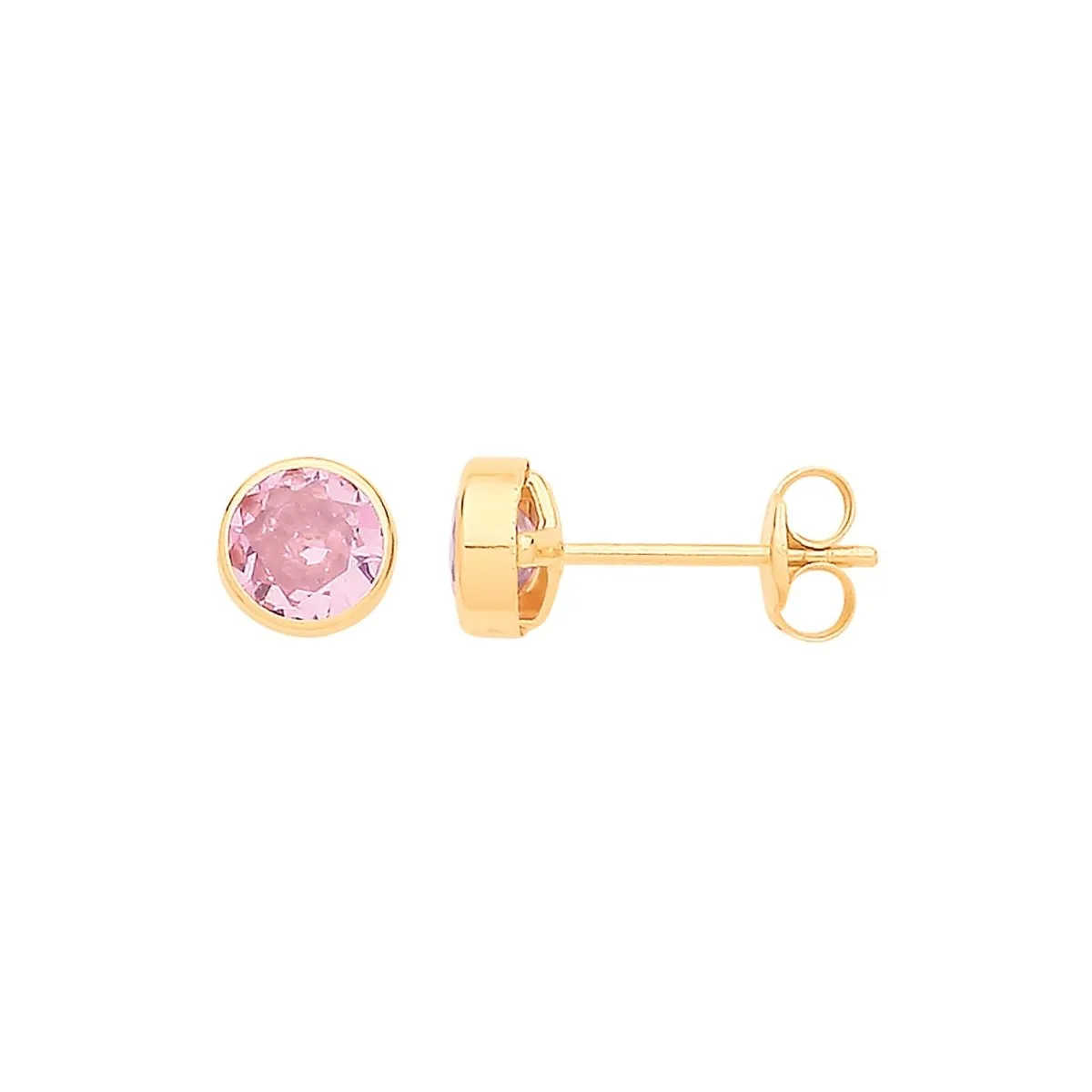 9ct Yellow Gold 5mm Rubover Set Pink CZ Stud Earrings