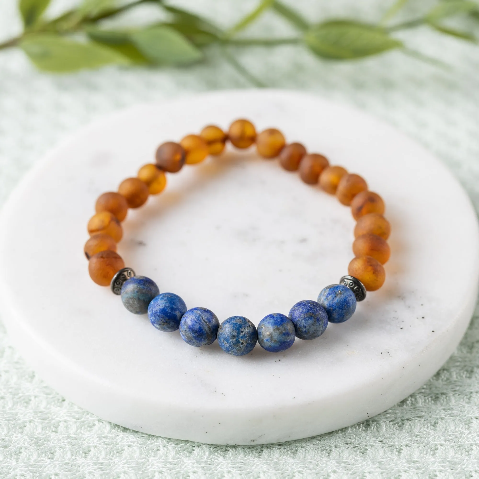 Adults | Lapis Lazuli   Raw Cognac Amber Bracelet