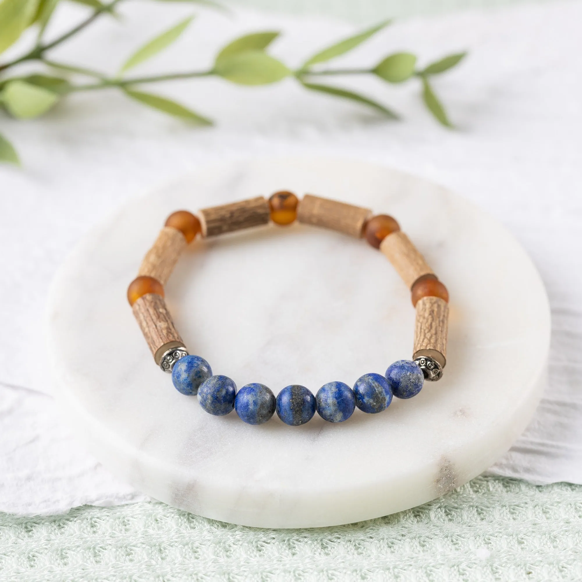 Adults | Lapis Lazuli   Raw Cognac Amber Hazelwood Bracelet