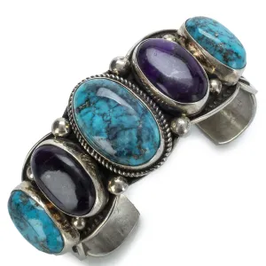 Albert Jake Lone Mountain Turquoise and Sugilite USA Native American Made 925 Sterling Silver Cuff