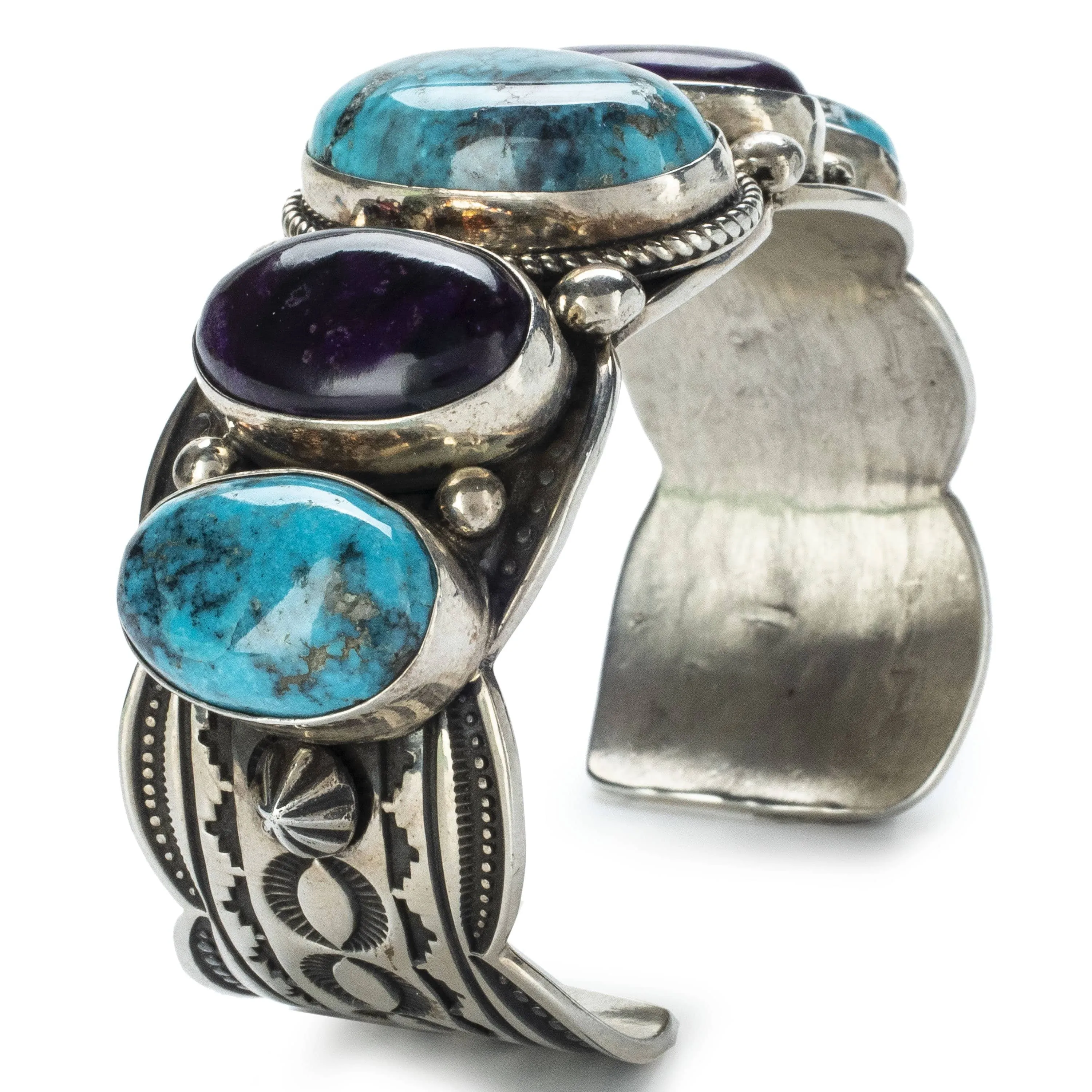 Albert Jake Lone Mountain Turquoise and Sugilite USA Native American Made 925 Sterling Silver Cuff