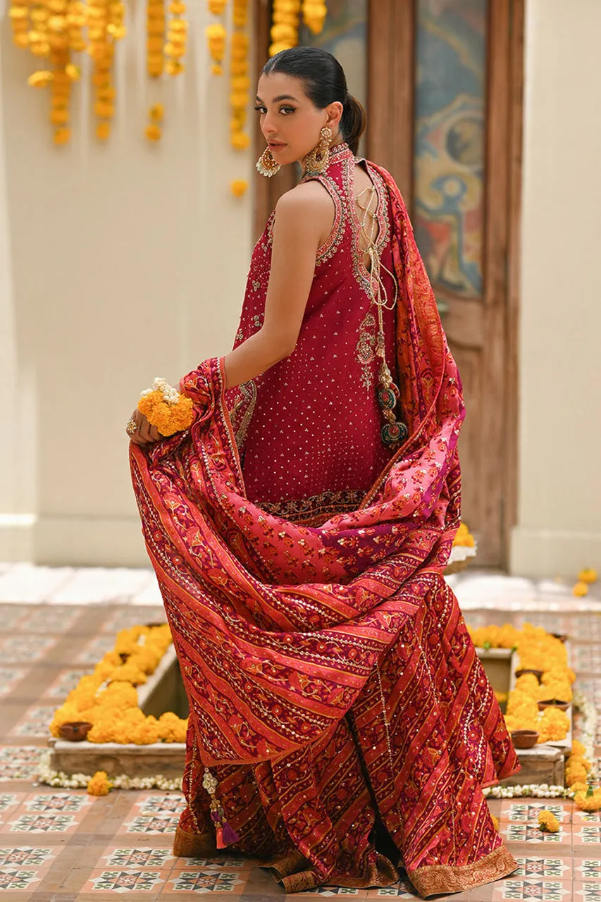 Amaltaas '24 - Primrose Crimson Angharkha, Embellished Do-Paincha Dhakha And Block Print Dupatta