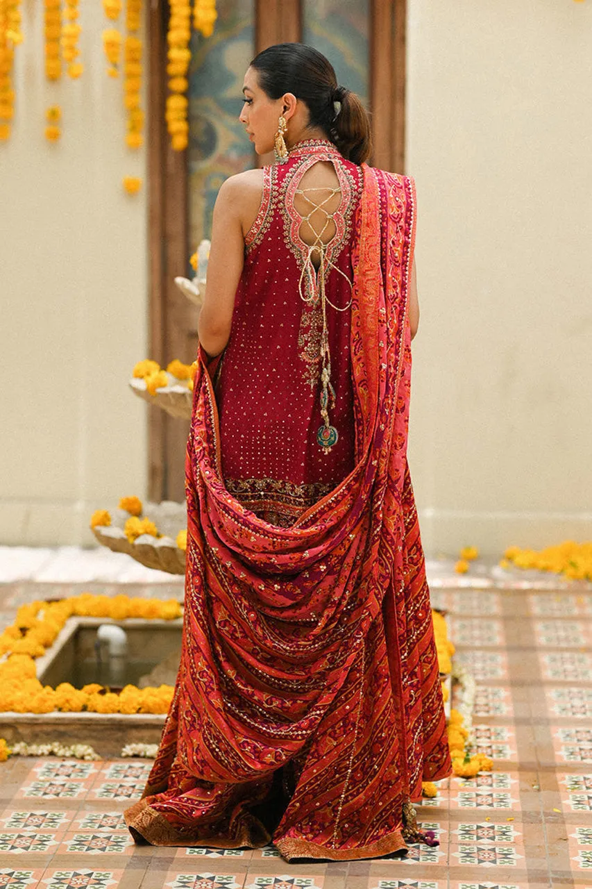 Amaltaas '24 - Primrose Crimson Angharkha, Embellished Do-Paincha Dhakha And Block Print Dupatta
