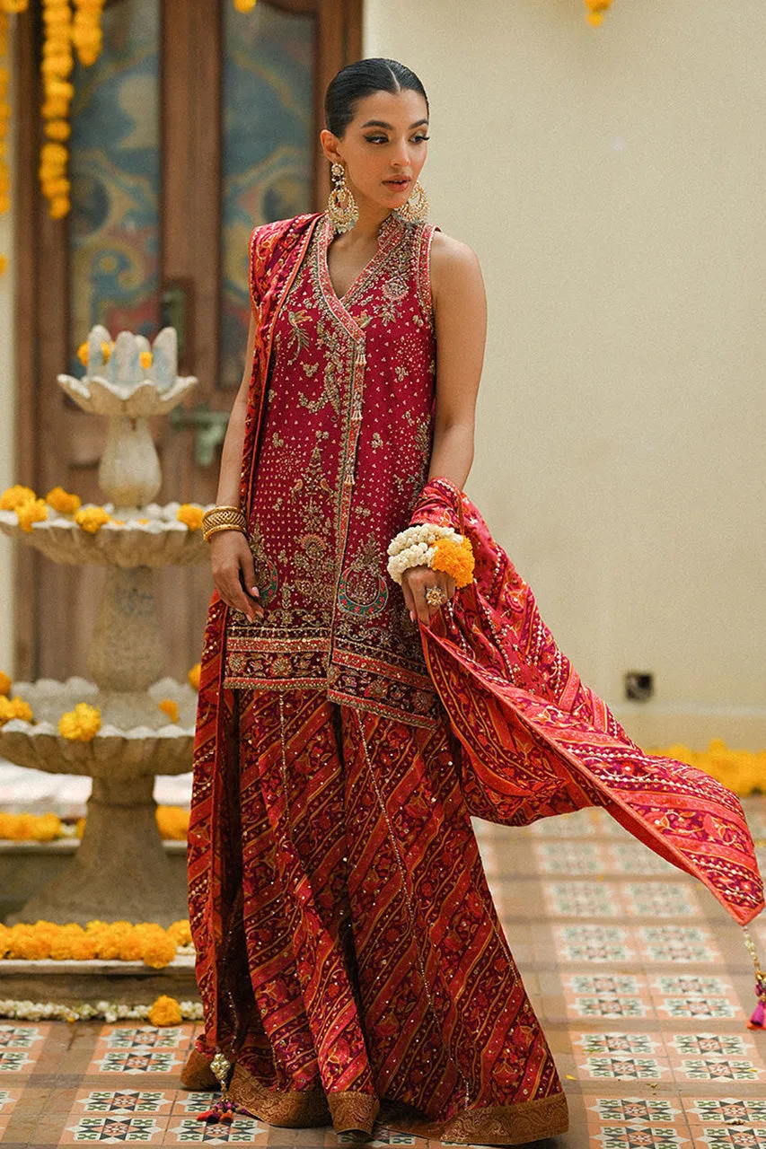 Amaltaas '24 - Primrose Crimson Angharkha, Embellished Do-Paincha Dhakha And Block Print Dupatta