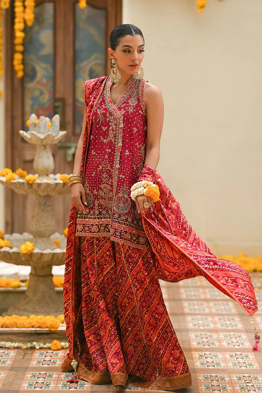 Amaltaas '24 - Primrose Crimson Angharkha, Embellished Do-Paincha Dhakha And Block Print Dupatta