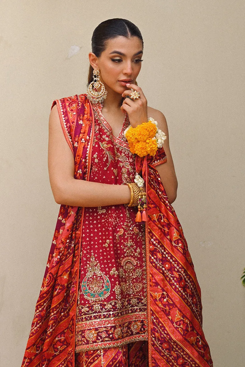 Amaltaas '24 - Primrose Crimson Angharkha, Embellished Do-Paincha Dhakha And Block Print Dupatta