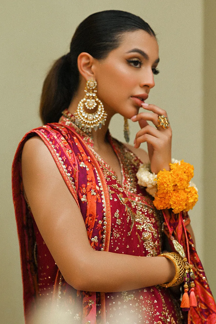 Amaltaas '24 - Primrose Crimson Angharkha, Embellished Do-Paincha Dhakha And Block Print Dupatta