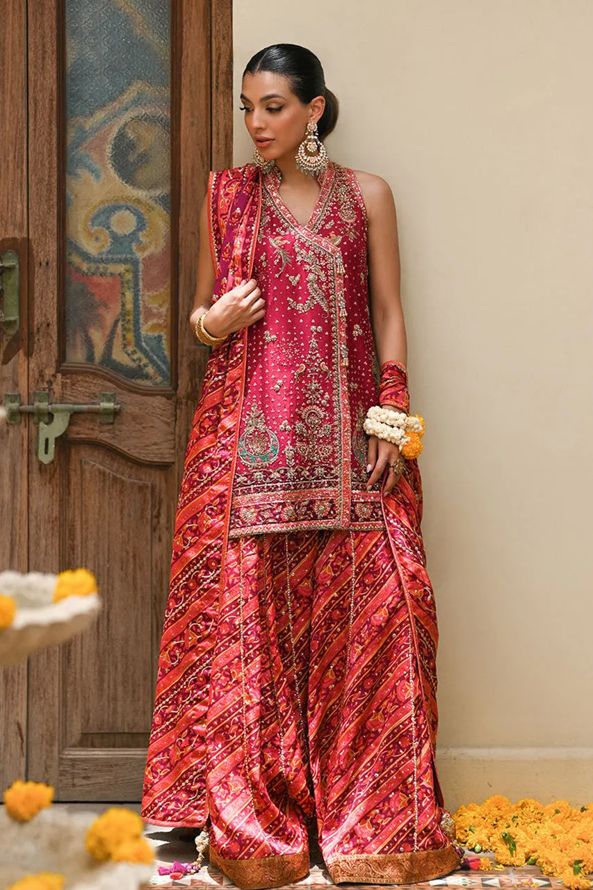 Amaltaas '24 - Primrose Crimson Angharkha, Embellished Do-Paincha Dhakha And Block Print Dupatta