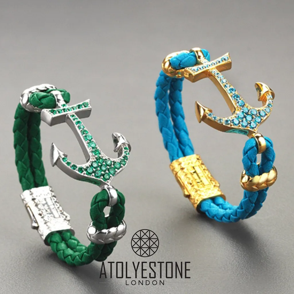 Anchor Leather Bracelet -Silver