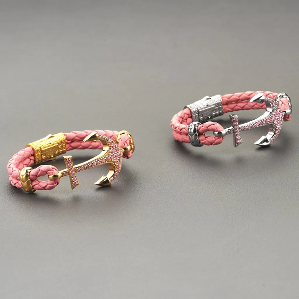 Anchor Leather Bracelet -Silver