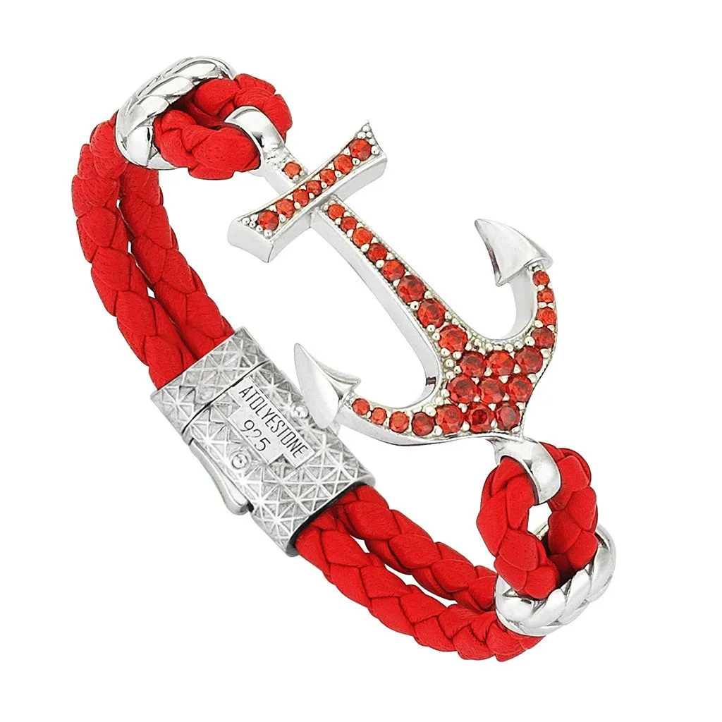 Anchor Leather Bracelet -Silver