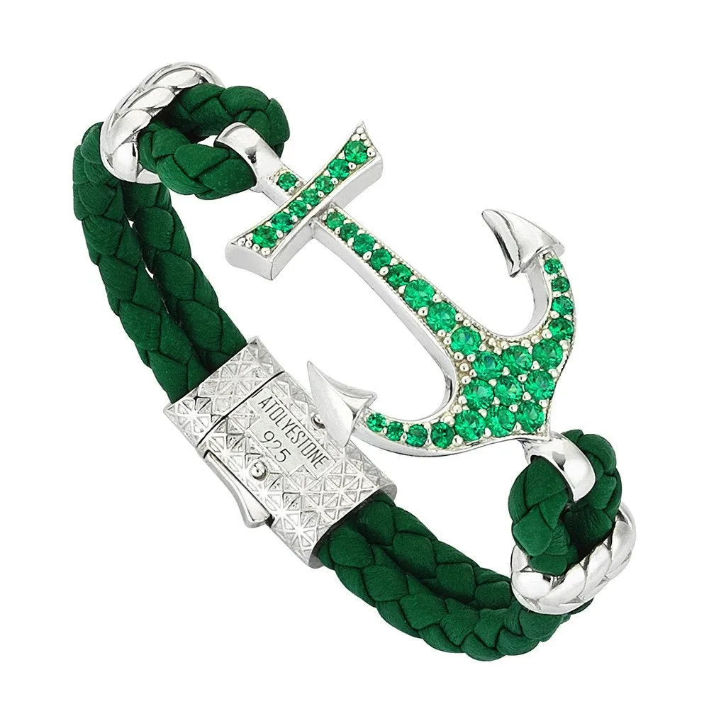 Anchor Leather Bracelet -Silver