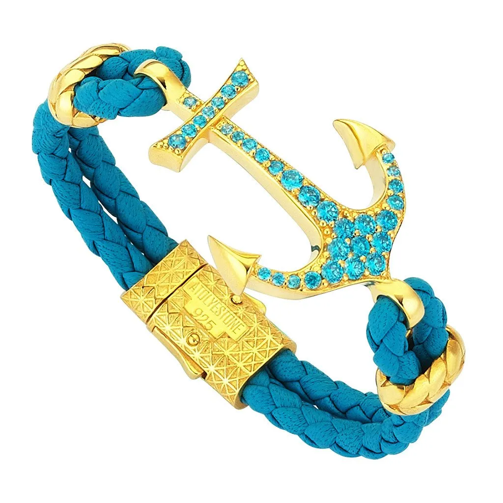 Anchor Leather Bracelet -Silver
