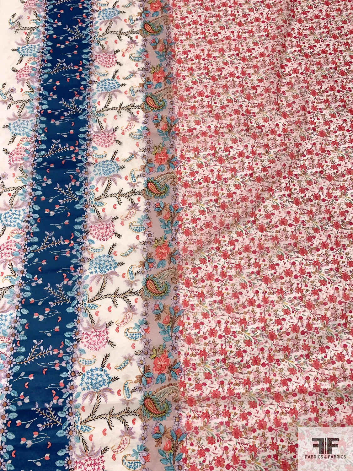 Anna Sui Border Pattern Floral Printed Sheer Nylon Chiffon - Dark Coral / Dusty Navy / Pale Blush