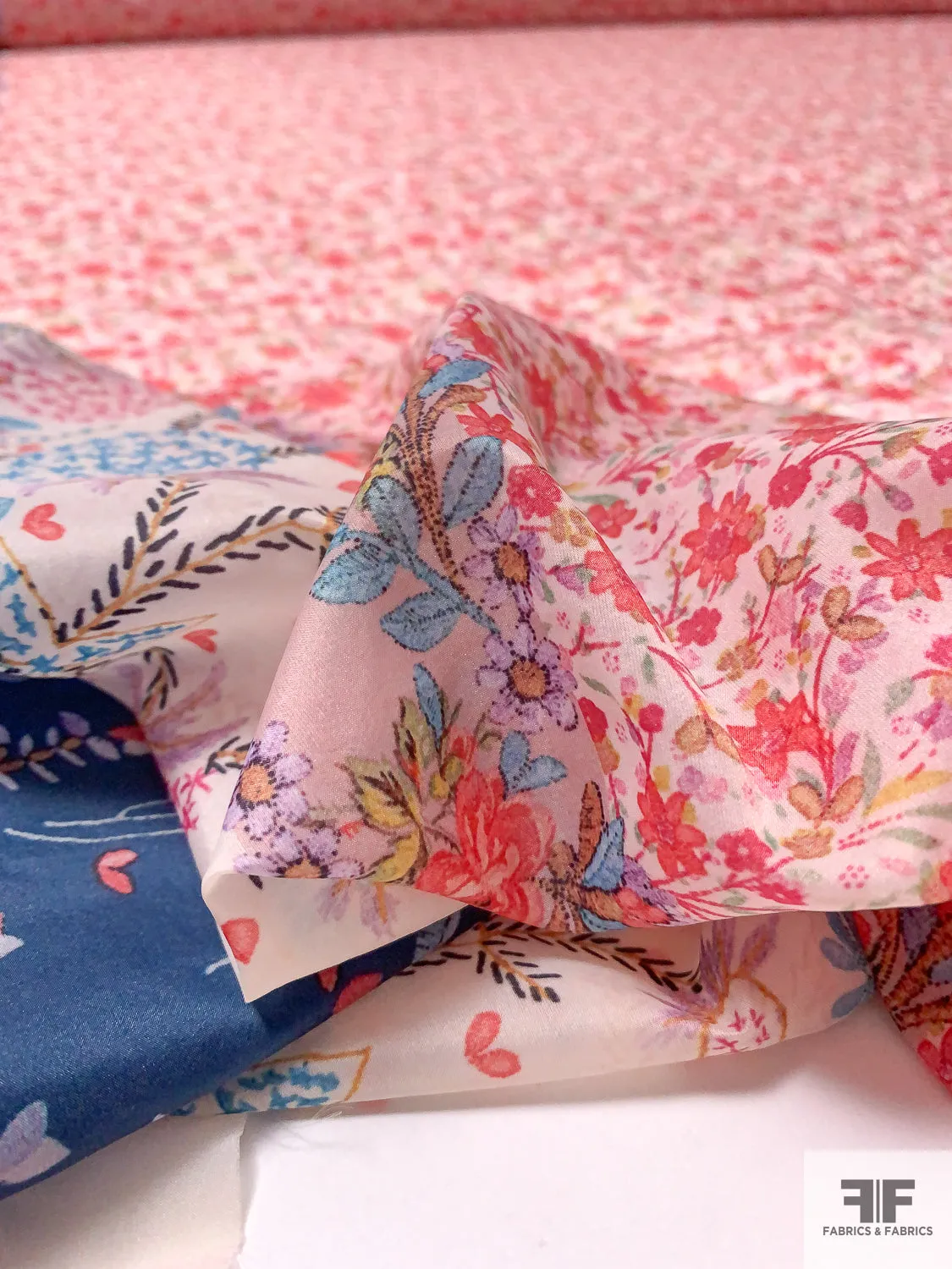 Anna Sui Border Pattern Floral Printed Sheer Nylon Chiffon - Dark Coral / Dusty Navy / Pale Blush