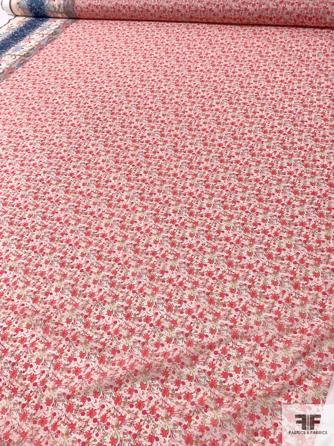 Anna Sui Border Pattern Floral Printed Sheer Nylon Chiffon - Dark Coral / Dusty Navy / Pale Blush