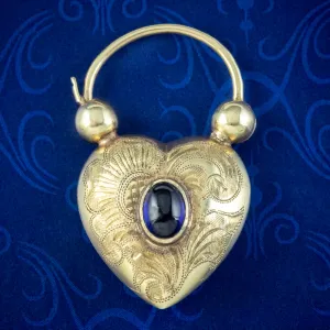 Antique Victorian Sapphire Heart Padlock 9ct Gold 0.70ct Sapphire