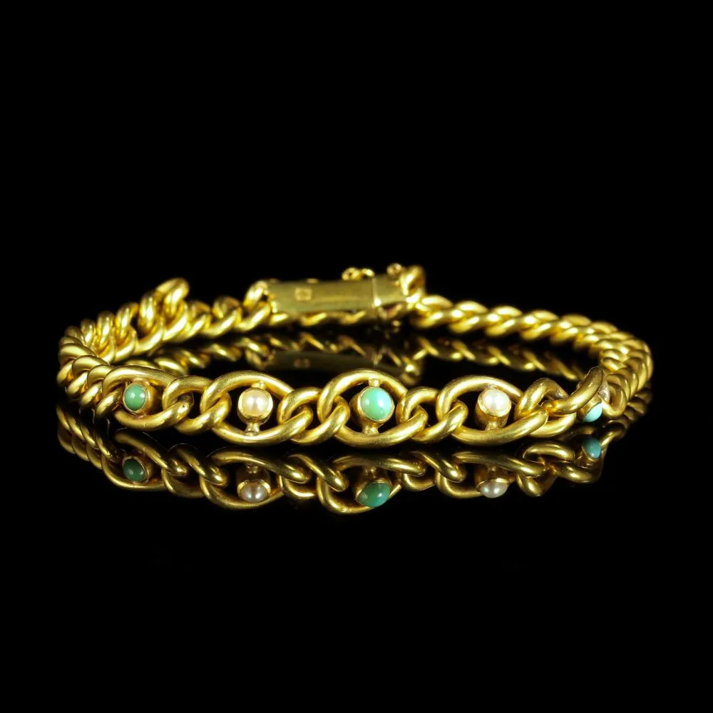 Antique Victorian Turquoise Pearl Bracelet 15Ct Gold Circa 1900