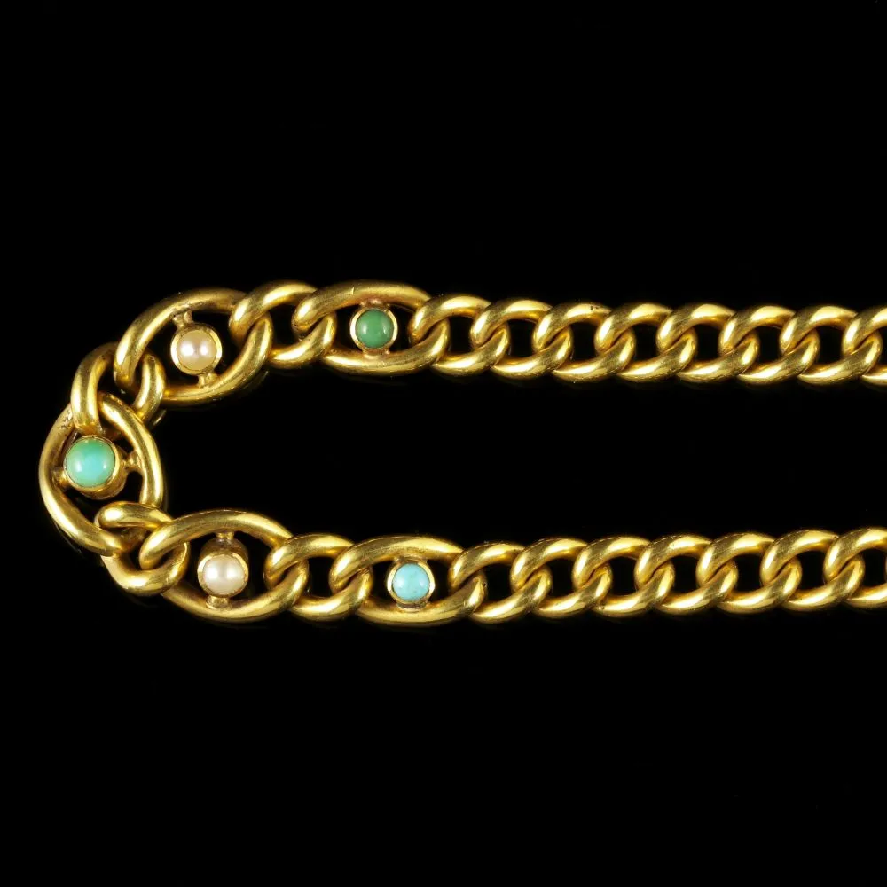 Antique Victorian Turquoise Pearl Bracelet 15Ct Gold Circa 1900