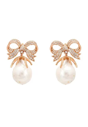Baroque Pearl Ribbon And Bows Drop Earrings Rosegold