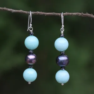 Black Center Cultured Pearl and Quartz Multi-Gem Earrings from Thailand