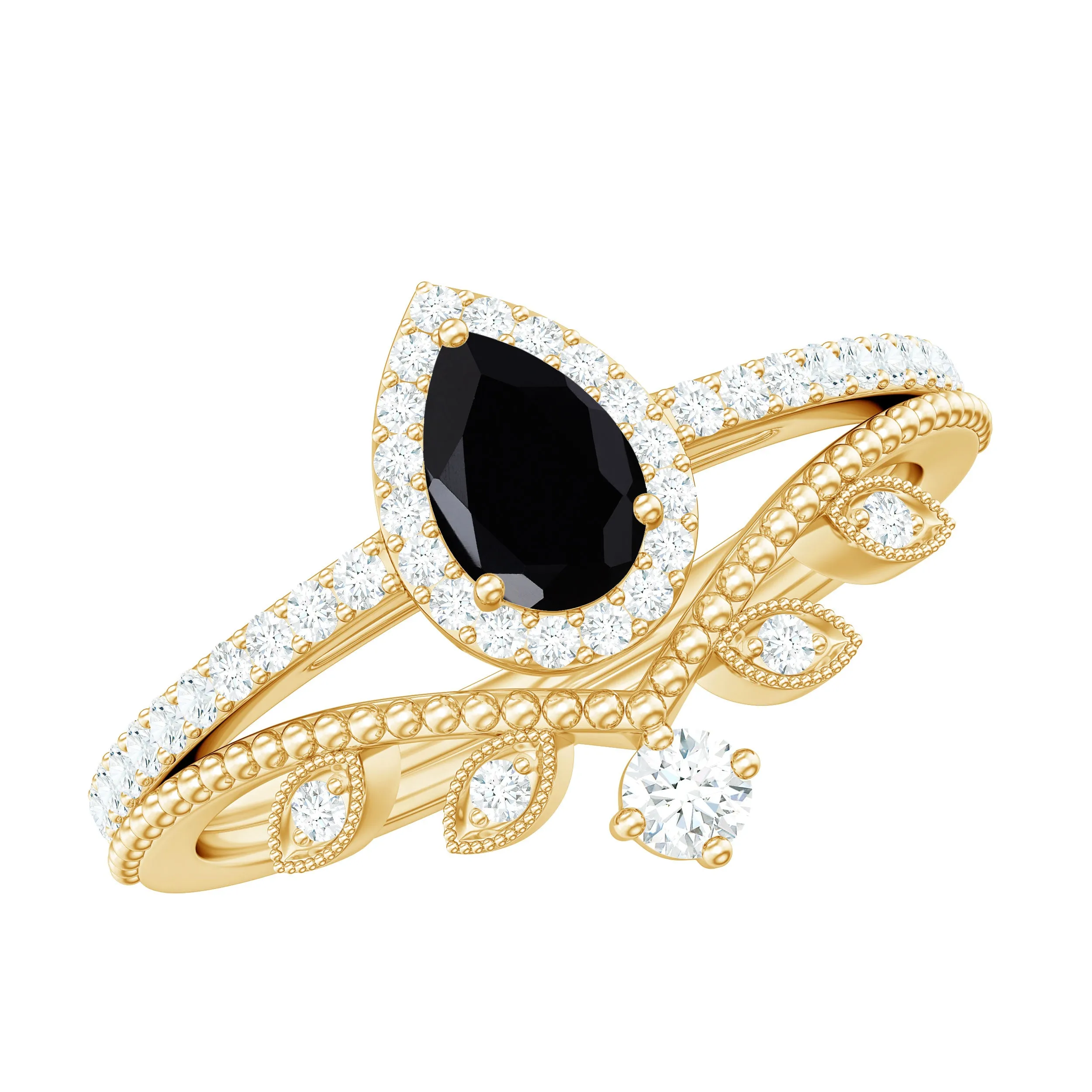 Black Diamond Vintage Teardrop Wedding Ring Set with Moissanite