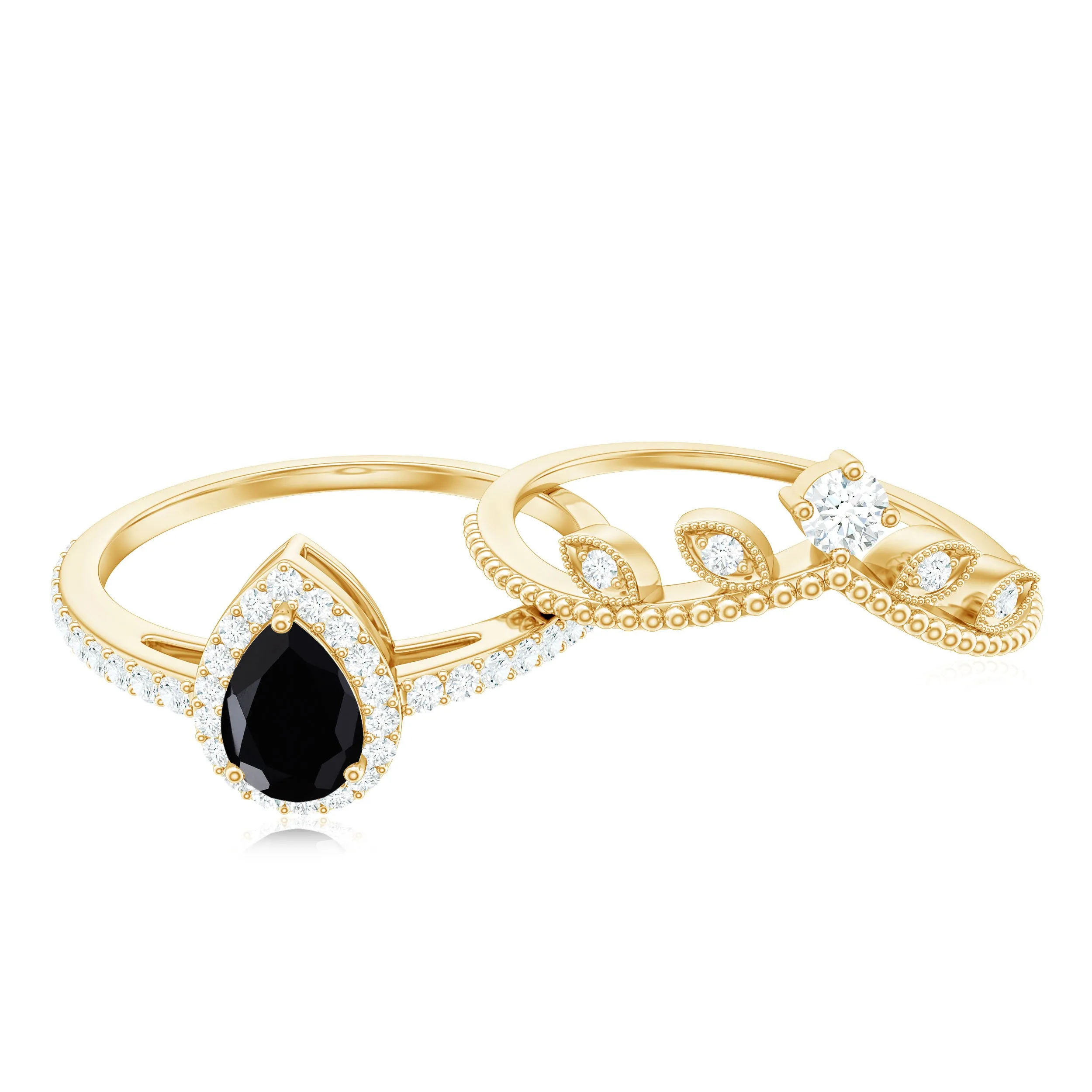Black Diamond Vintage Teardrop Wedding Ring Set with Moissanite