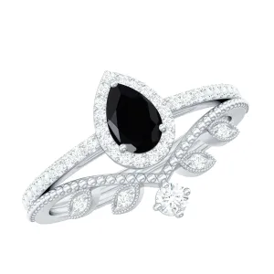 Black Diamond Vintage Teardrop Wedding Ring Set with Moissanite