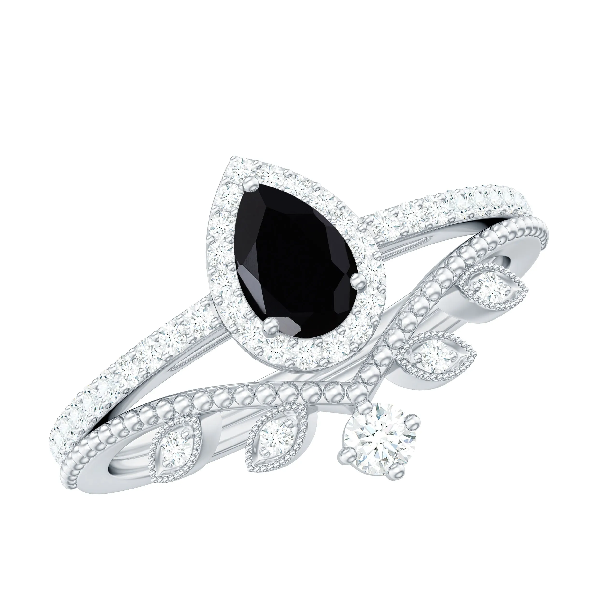 Black Diamond Vintage Teardrop Wedding Ring Set with Moissanite
