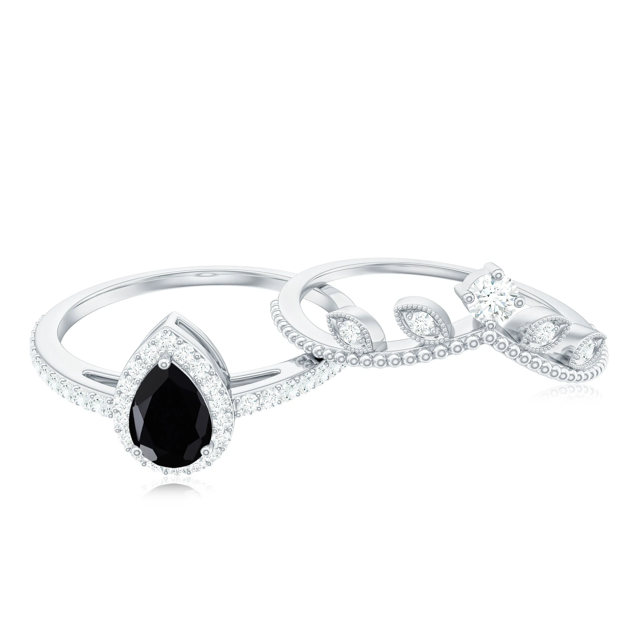 Black Diamond Vintage Teardrop Wedding Ring Set with Moissanite