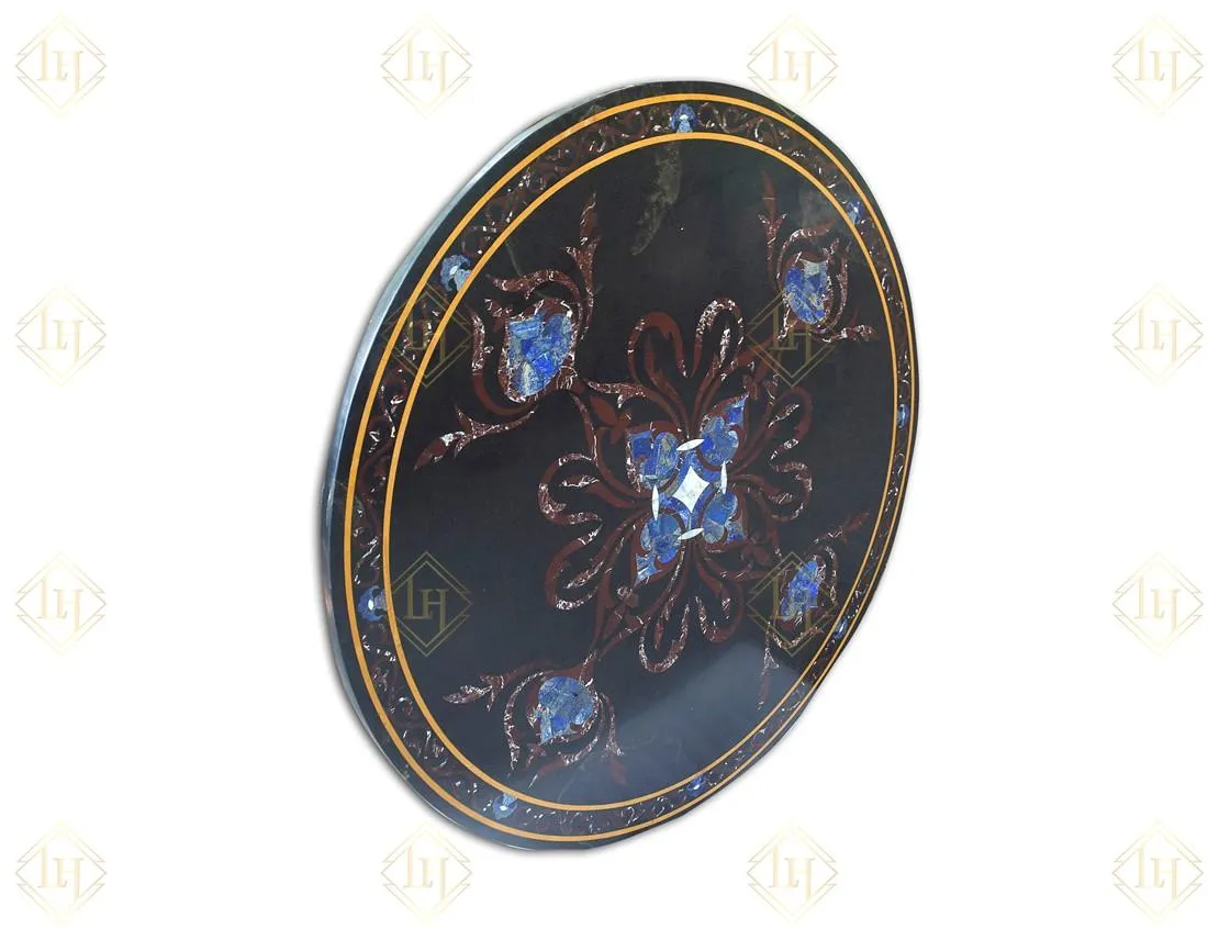 Black Granite Dining Table Top With Gemstones Inlay