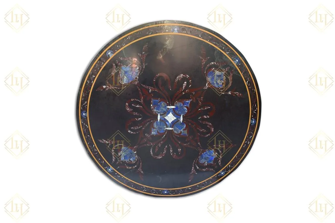 Black Granite Dining Table Top With Gemstones Inlay