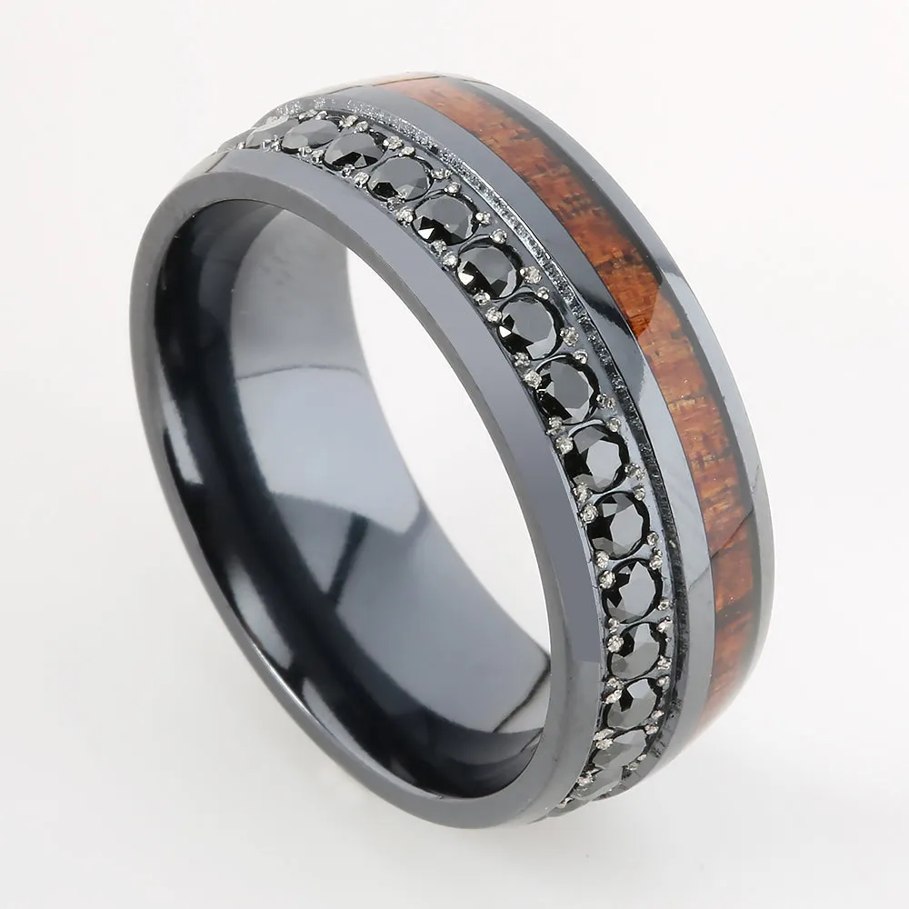 Black Titanium Hawaiian Koa Wood Inlaid with Black CZ Oval Wedding Ring 8mm