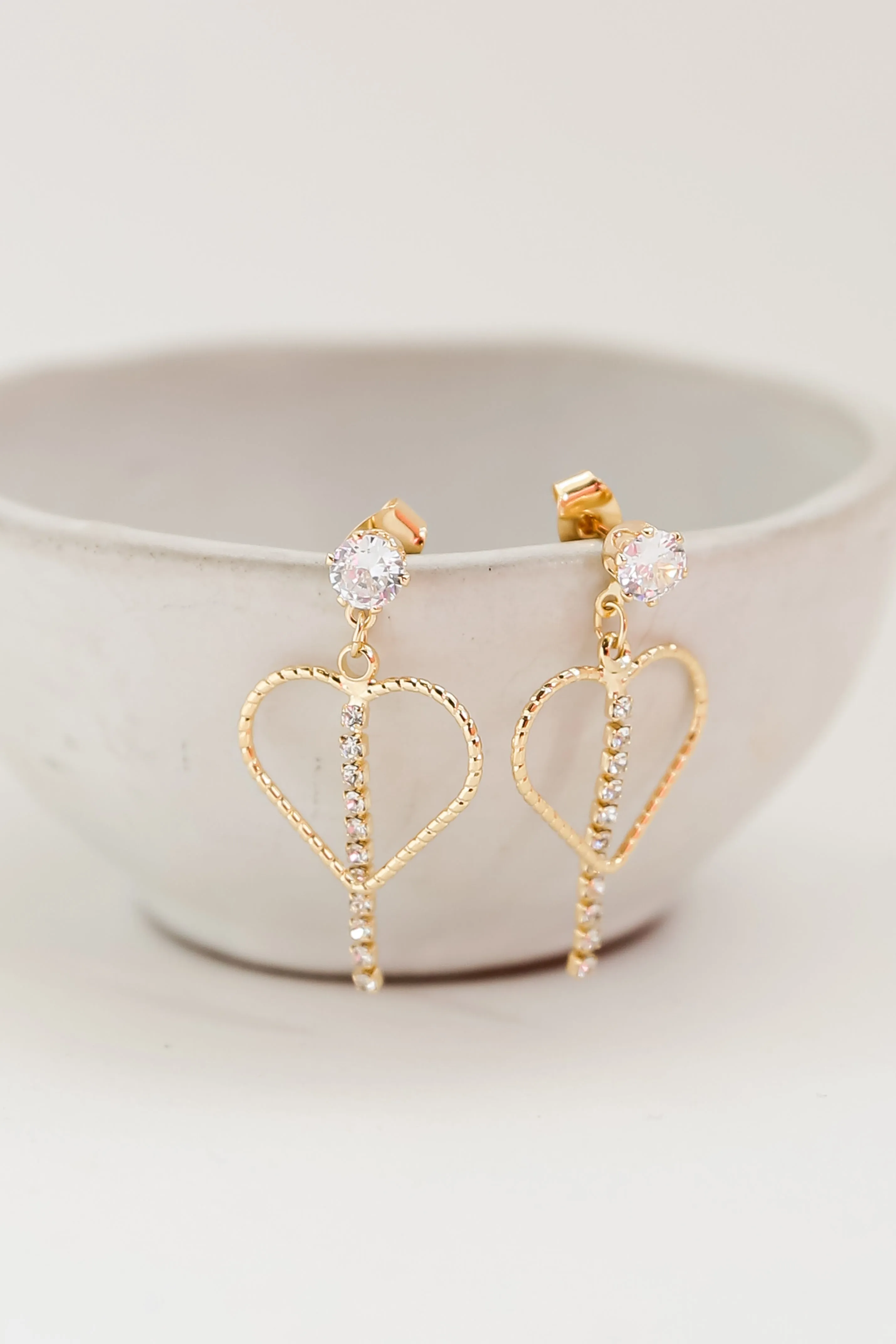 Blakely Gold Rhinestone Heart Drop Earrings