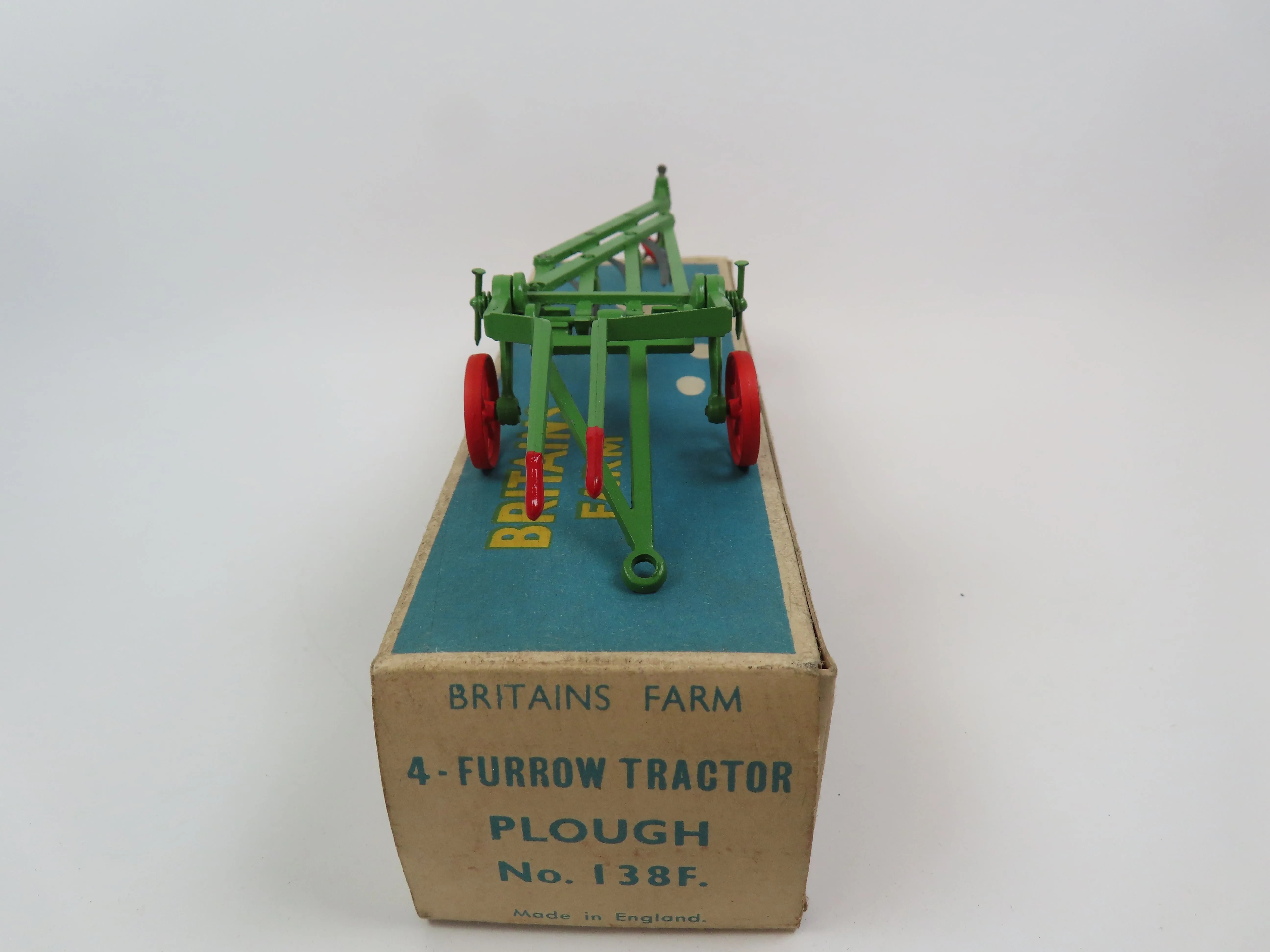 Britains Farm 4-Furrow Tractor Plough No 138F - Green/red/silver - Mint Boxed.