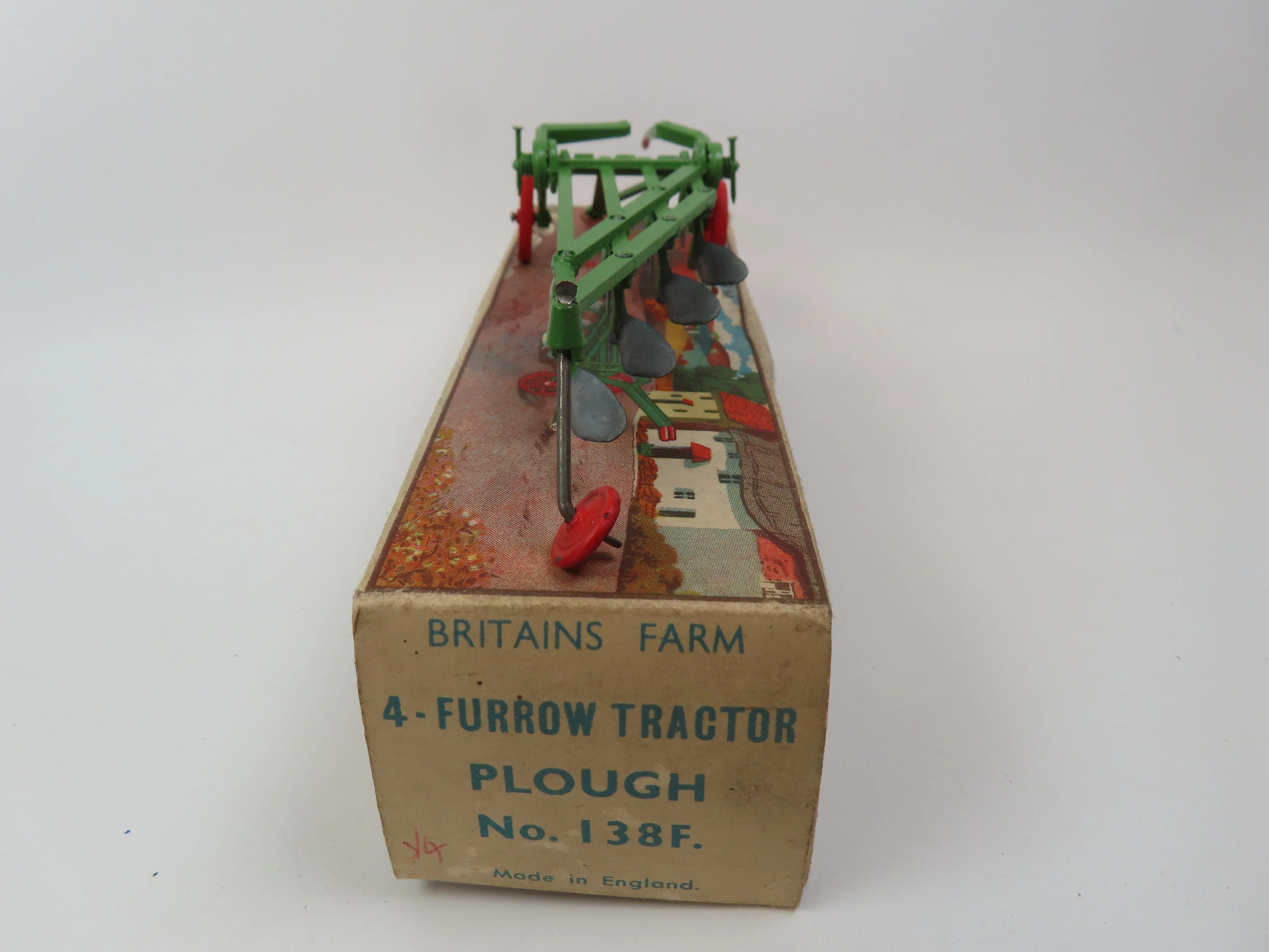 Britains Farm 4-Furrow Tractor Plough No 138F - Green/red/silver - Mint Boxed.