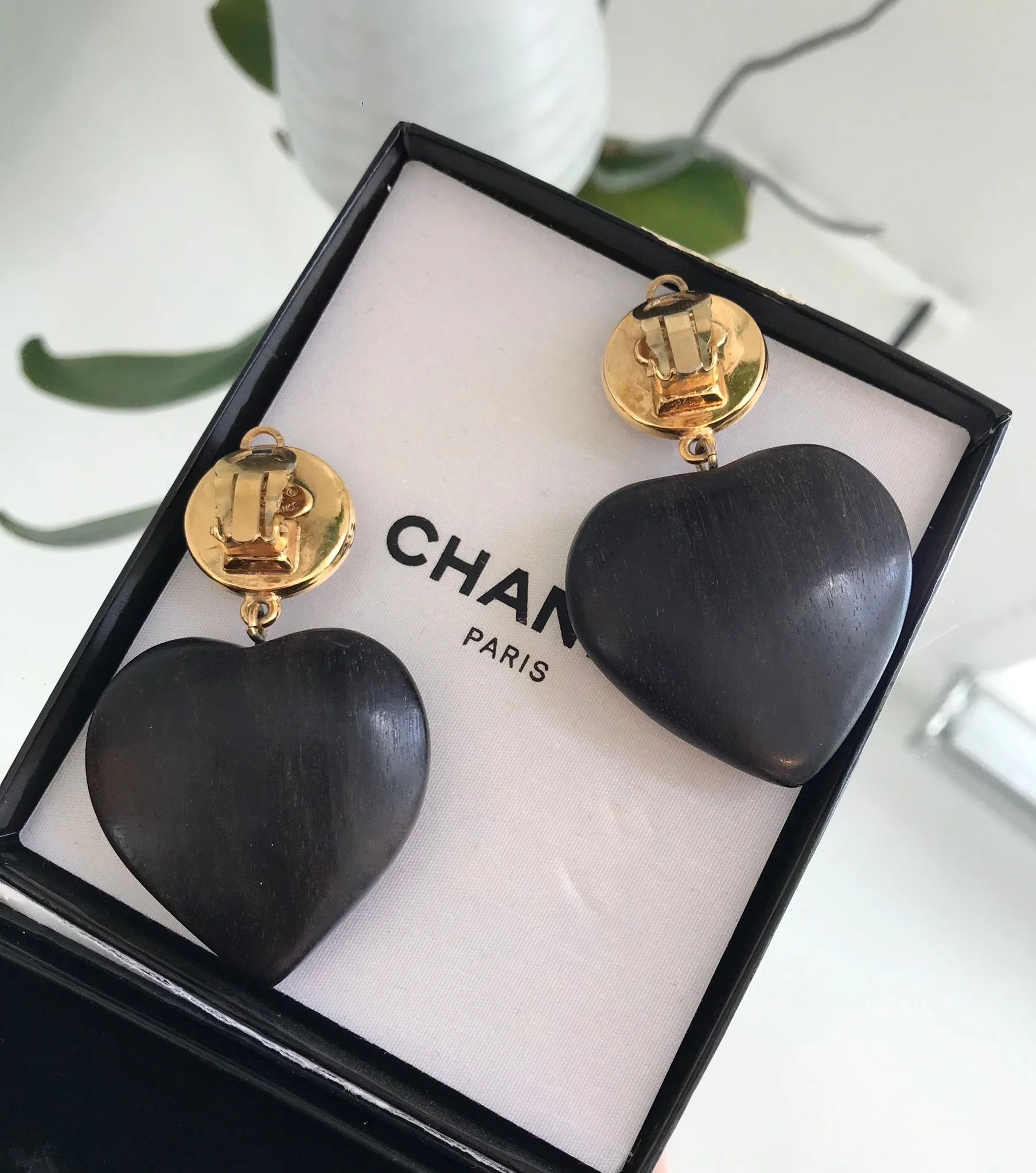 CHANEL Vintage CC Logo Faux Pearl and Wood Heart Drop Clip On Earrings