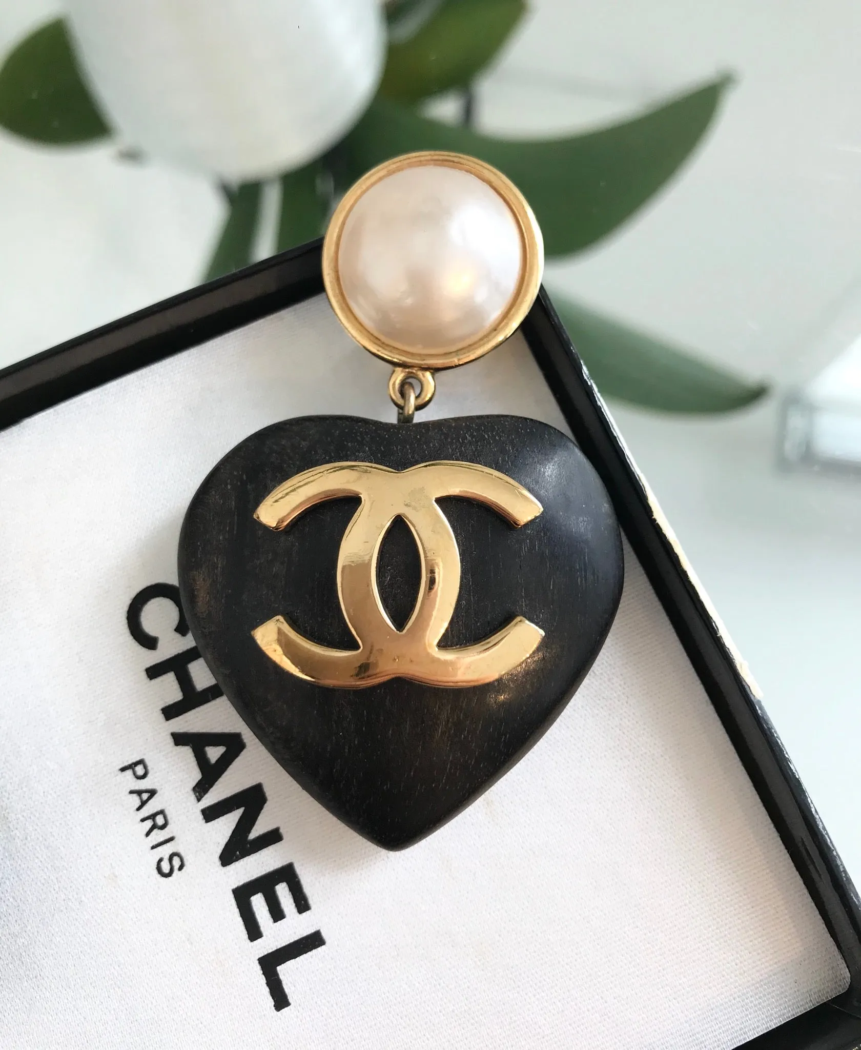CHANEL Vintage CC Logo Faux Pearl and Wood Heart Drop Clip On Earrings