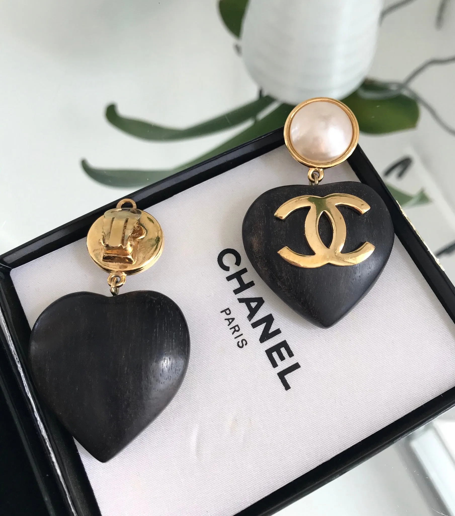CHANEL Vintage CC Logo Faux Pearl and Wood Heart Drop Clip On Earrings
