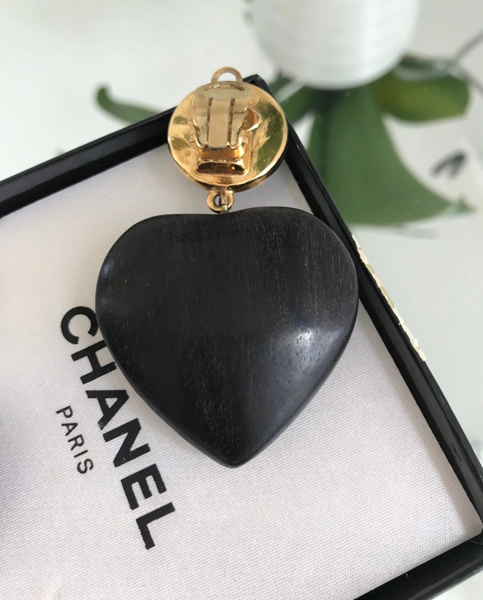 CHANEL Vintage CC Logo Faux Pearl and Wood Heart Drop Clip On Earrings