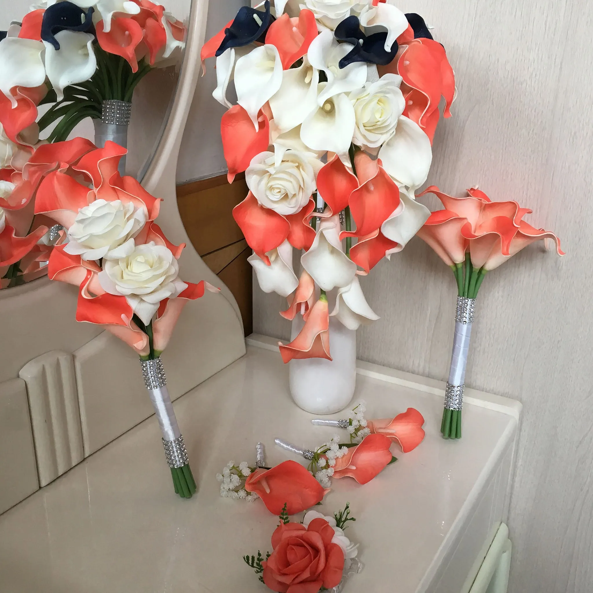 Coral and Navy Wedding Flowers Bridal Bridesmaids Bouquets Corsages