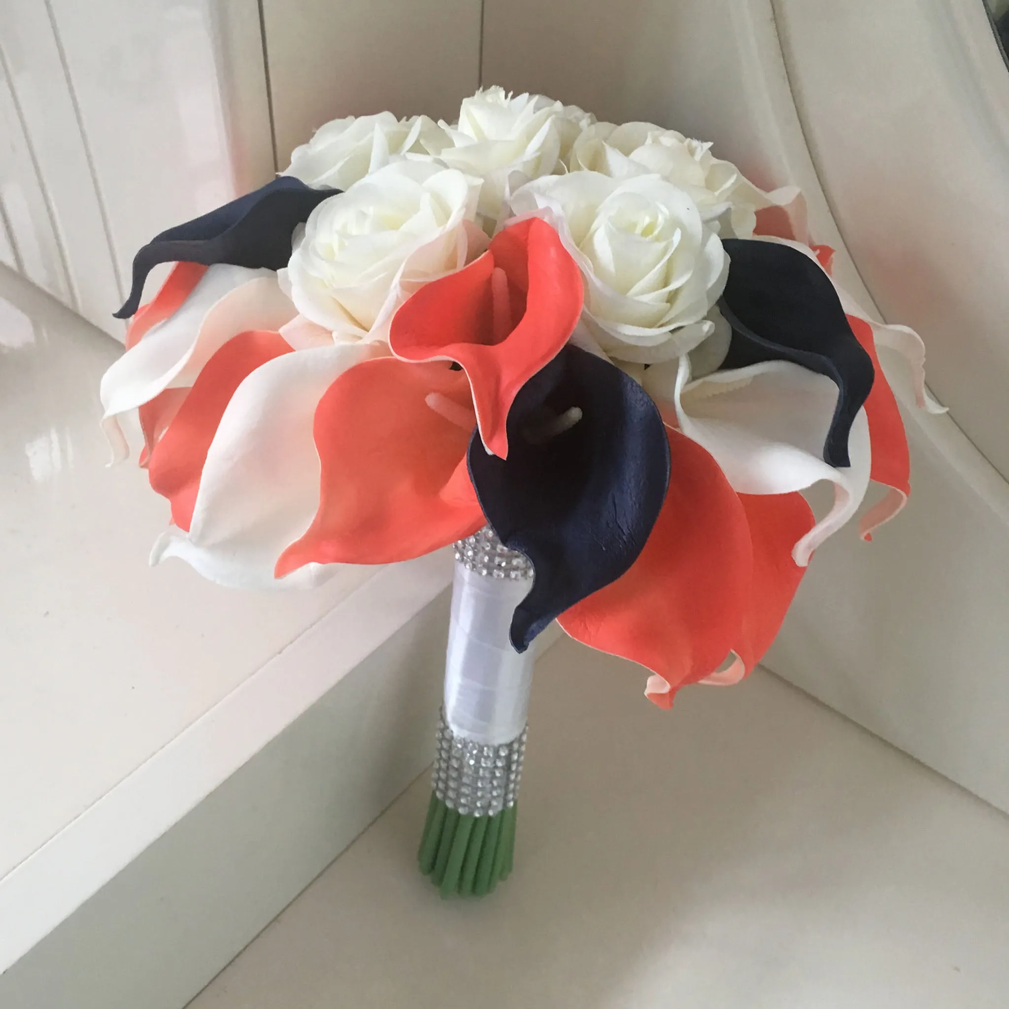 Coral and Navy Wedding Flowers Bridal Bridesmaids Bouquets Corsages