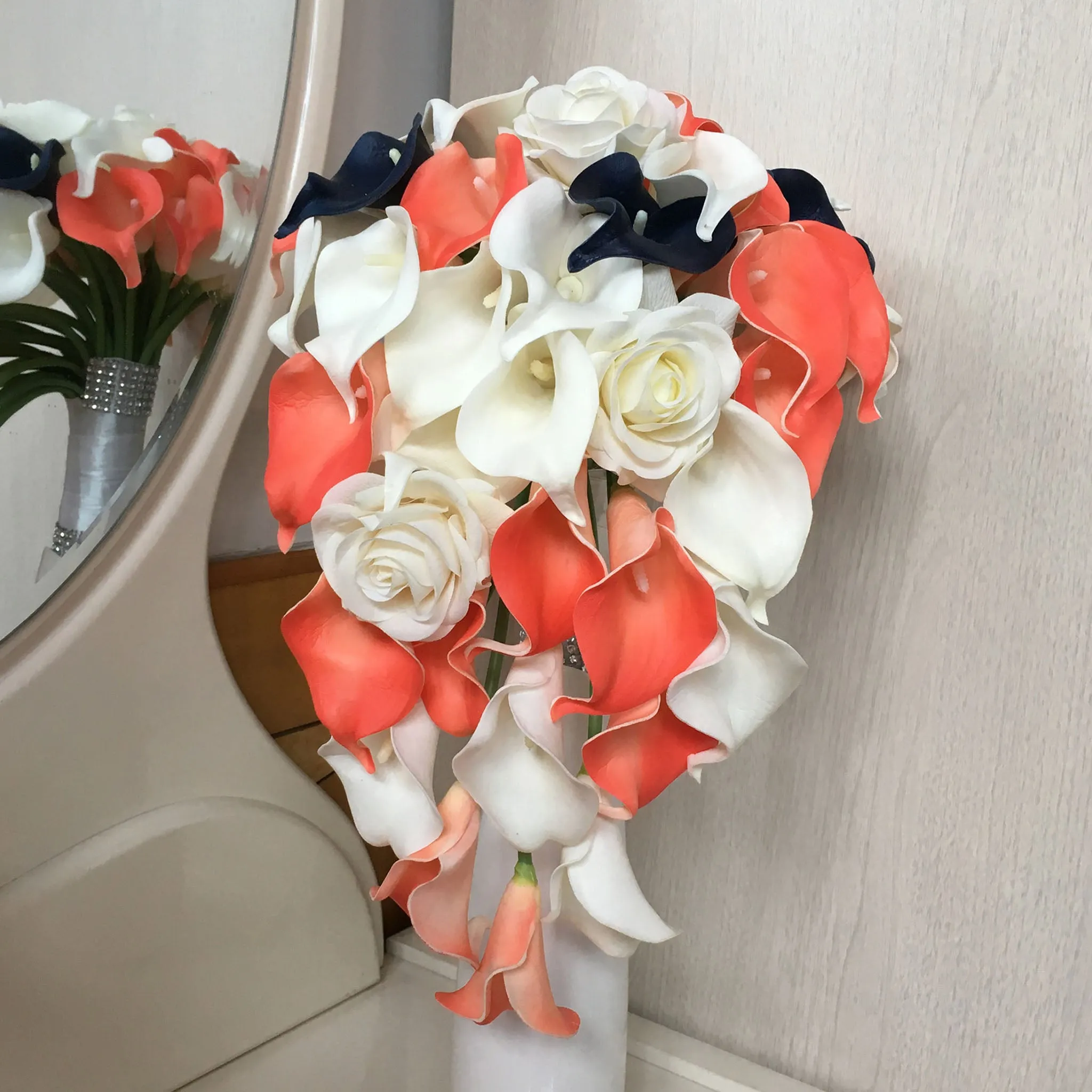 Coral and Navy Wedding Flowers Bridal Bridesmaids Bouquets Corsages