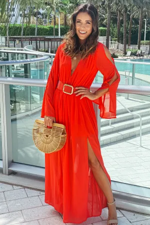 Coral Maxi Dress With Belt