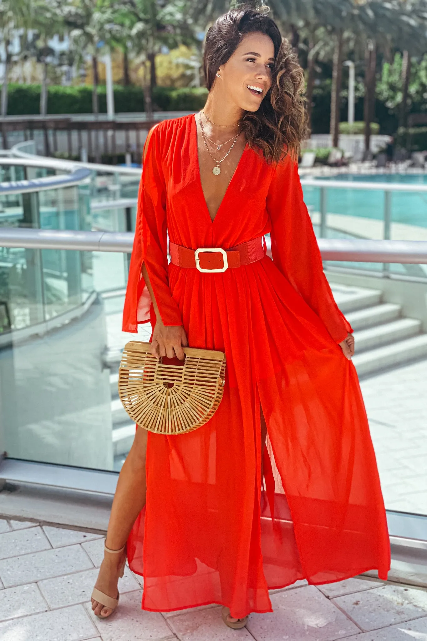Coral Maxi Dress With Belt